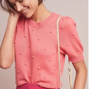 NWT cute pinkish/ coral top by Anthropologie with pompoms. Med. made in Italy.